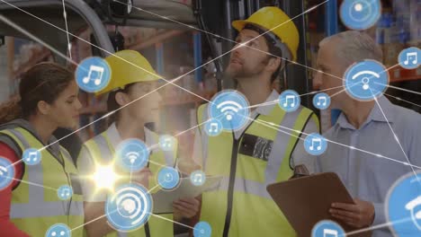 Animation-of-network-of-connections-over-group-of-diverse-warehouse-workers