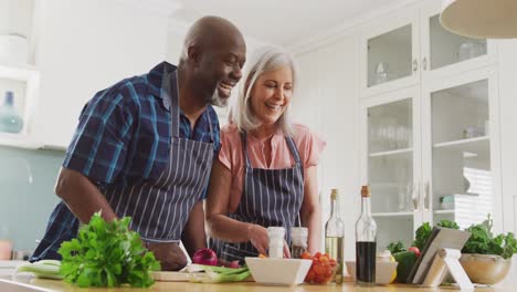 Glückliches-älteres,-Vielfältiges-Paar,-Das-Schürzen-Trägt-Und-In-Der-Küche-Kocht