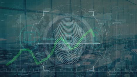 Animation-of-fingerprint-scanning-in-circle,-green-graph-over-map-against-aerial-view-of-city