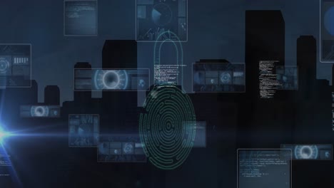 Animation-of-multiple-infographic-interfaces-over-fingerprint-and-padlock-against-buildings