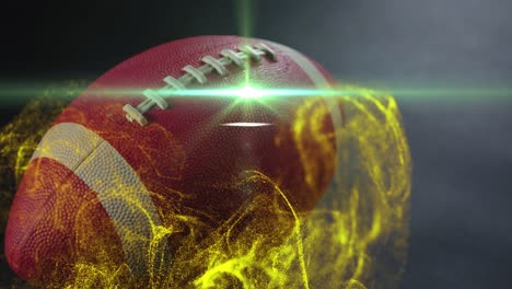 Animation-of-moving-lens-flare-and-abstract-pattern-over-rugby-ball-on-gray-ground