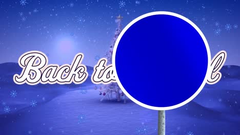 Animation-of-snow-falling-over-sign-with-copy-space,-back-to-school-and-christmas-landscape