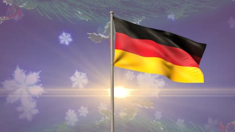 Animation-Von-Schnee,-Der-über-Die-Deutsche-Flagge-Auf-Blauem-Hintergrund-Fällt