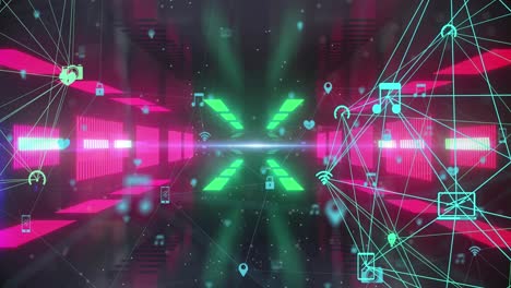 Animation-of-icons-connected-and-forming-sphere-shapes-over-pink-and-green-color-tunnel