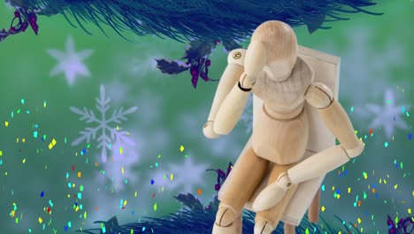 Animation-of-snow-falling-over-wooden-figure-and-confetti-over-green-background