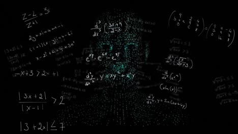 Animation-Des-Menschlichen-Digitalen-Kopfes,-Der-Sich-Mit-Mathematischen-Gleichungen-Auf-Schwarzem-Hintergrund-Dreht