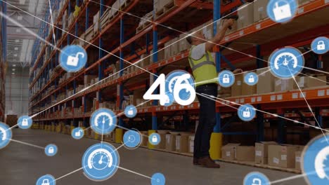 Animation-of-numbers-changing,-network-of-connections-over-caucasian-man-working-in-warehouse