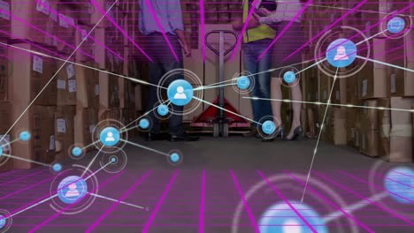 Animation-of-purple-grid,-network-of-connections-over-diverse-people-working-in-warehouse