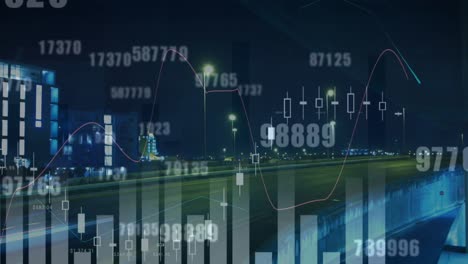 Animation-of-numbers-and-graphs-over-timelapse-with-night-road-traffic