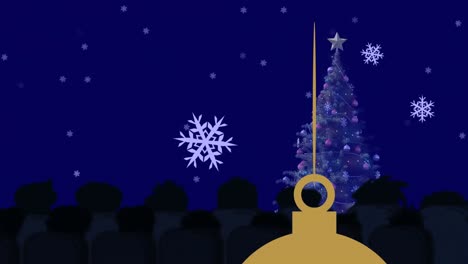 Animation-of-snow-falling-over-bauble-and-christmas-tree-over-navy-background