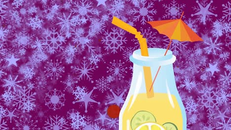 Animation-Von-Schnee,-Der-über-Ein-Getränk-Mit-Regenschirm-Auf-Violettem-Hintergrund-Fällt