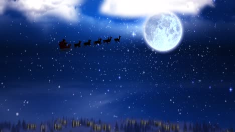 Animation-of-sky-with-clouds-over-winter-landscape-and-santa-claus-in-sleigh-with-reindeer