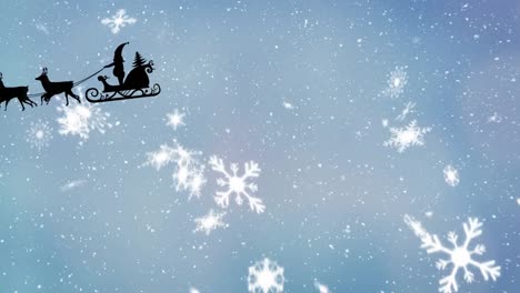 Animation-Von-Weihnachtsmannschlitten-Und-Schnee,-Der-Auf-Hellblauen-Hintergrund-Fällt