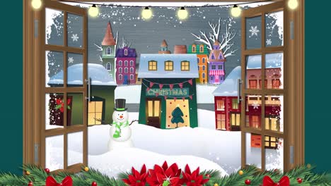 Animation-of-window-and-snow-falling-over-houses-and-winter-landscape-at-christmas