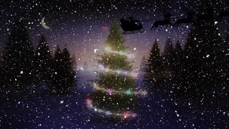 Animation-Des-Weihnachtsmannschlittens-Und-Schnee,-Der-über-Den-Winterwald-Mit-Weihnachtsbaum-Fällt