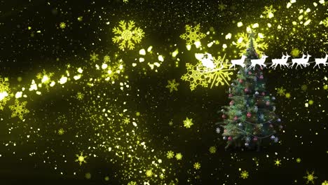 Animation-of-santa-sleigh,-shooting-star-and-christmas-tree-on-black-background