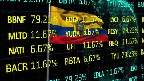 Animation-of-stock-market-data-processing-over-waving-ecuador-flag-against-black-background