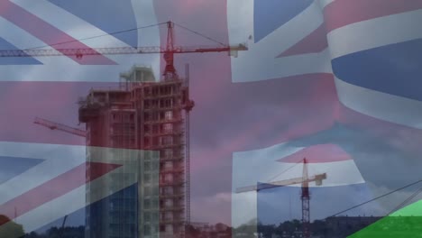 This-is-a-time-lapse-of-a-construction-site,-with-the-union-flag-waving-in-the-background
