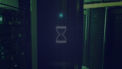 Animation-of-hourglass-in-circle-against-server-room-in-background