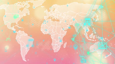 Animation-Zweier-Globen-Digitaler-Weltkarte-Vor-Lichtflecken-Auf-Orangefarbenem-Hintergrund