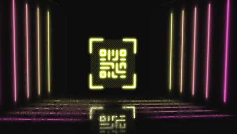 Animation-of-qr-code-and-neon-lines-in-black-space