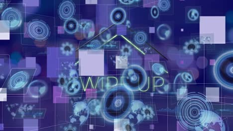 Animation-of-shapes-over-data-processing-and-swipe-up-text-on-purple-background