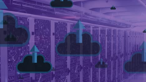 Animation-of-clouds-with-uploading-over-violet-server-room