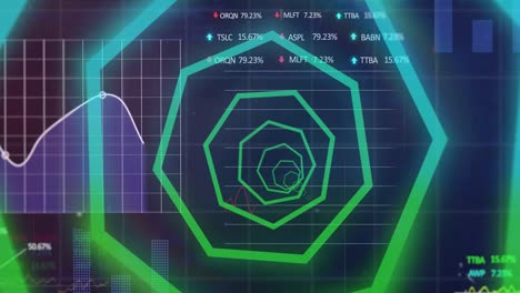 Animation-of-neon-shapes-rotating-over-financial-data-on-navy-background
