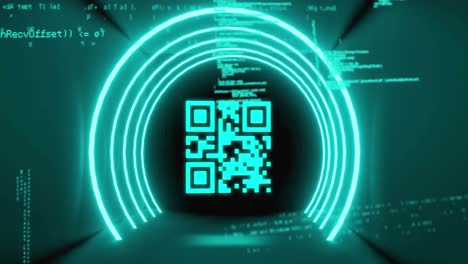 Animation-of-qr-code-in-circular-tunnel-and-programming-language-against-black-background