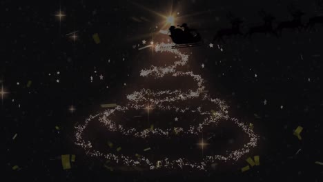 Animación-De-Trineo-De-Santa,-Nieve-Cayendo-Y-árbol-De-Navidad-Sobre-Fondo-Negro