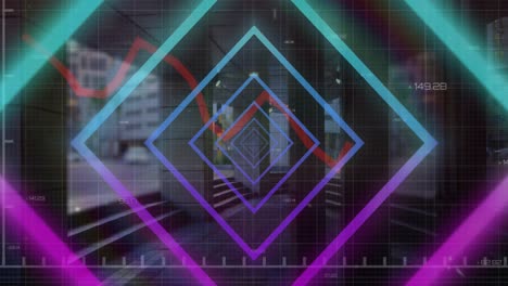Animation-of-neon-squares-and-financial-data-over-timelapse-with-city-life