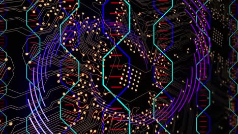 Animation-of-lines-moving-in-circular-motion-and-dna-helix-pattern-over-abstract-background