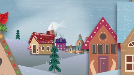 Animation-Von-Schnee,-Der-Zu-Weihnachten-über-Häuser-Und-Winterlandschaft-Fällt