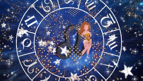 Animation-Von-Formen-Und-Sternen-über-Dem-Horoskop