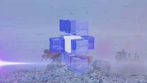 Animation-of-cube-pattern-and-lens-flare-over-garbage-spilling-out-of-garbage-bin-at-dump-yard