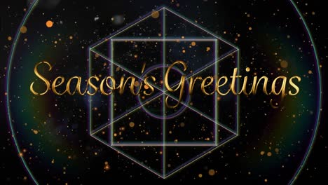 Animation-of-cube,-geometrical-shapes,-gold-dots-and-seasons-greetings-on-black-background