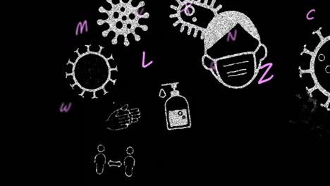 Animation-Von-Buchstaben-Und-Virensymbolen-Auf-Schwarzem-Hintergrund