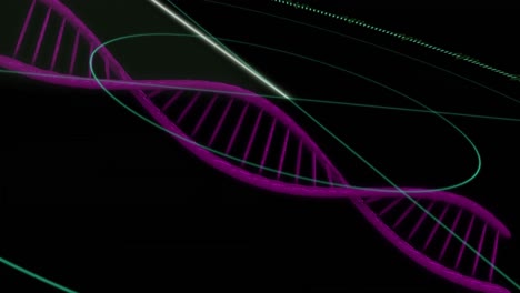 Animation-of-falling-spinning-dna-strand-and-clock-over-dark-background