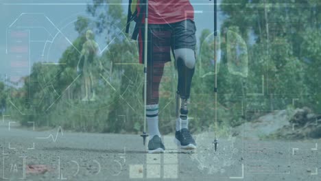 Animation-Eines-Digitalen-Bildschirms-über-Einem-Afroamerikanischen-Mann-Mit-Beinprothesen,-Der-Auf-Der-Straße-Trainiert