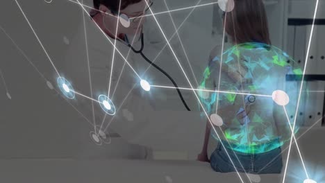 Animation-of-dots-connected-with-lines-and-globe-over-caucasian-doctor-examining-patient