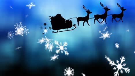 Animation-of-santa-riding-sleigh-with-falling-snowflakes-against-blue-background