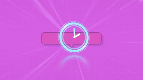 Animation-of-clock-moving-fast-over-pink-speech-bubble-on-purple-background