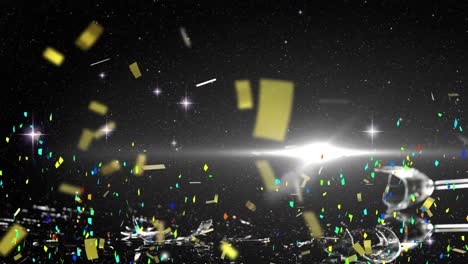 Animation-of-stars-and-confetti-over-glass-of-champagne