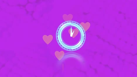 Animation-of-clock-moving-fast-over-pink-hearts-on-purple-background