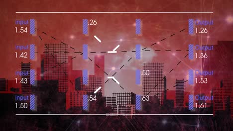 Animation-of-lines-forming-geometric-shape-over-flying-lens-flare-against-city-and-connected-dots