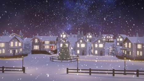 Animation-of-snow-falling-over-christmas-tree-with-houses-and-winter-landscape