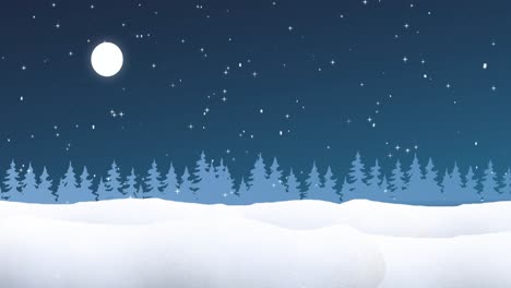 Animation-of-snow-falling-over-santa-claus-in-sleigh-with-reindeer-and-winter-landscape-at-christmas