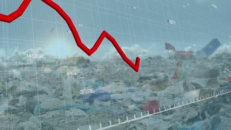 Animation-of-line-graphs-with-numbers-over-clouds-against-low-angle-view-of-dumping-ground