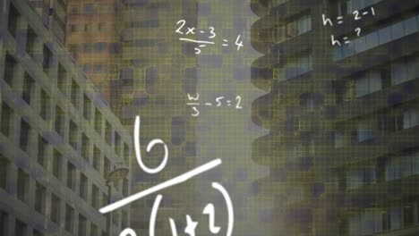 Animation-Mathematischer-Gleichungen-Und-Abstrakter-Muster-über-Gebäuden-Im-Hintergrund