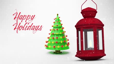 Animation-of-snow-over-happy-holidays-text-with-lantern-and-christmas-tree-on-white-background